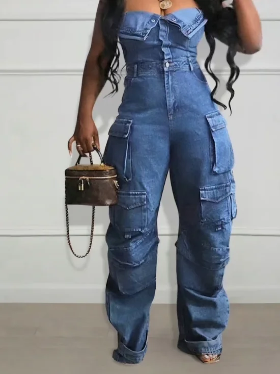 Loragal Denim Cargo Jumpsuit 3X Strapless Utility Wide Leg Statement Piece - Picture 3 of 3